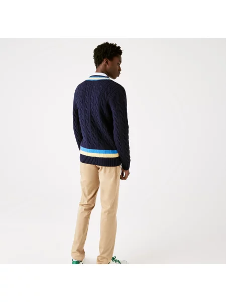 Lacoste Sweter Wełniany W Pasy W Kontrastowych Kolorach Z Dekoltem W Kształcie Litery V Classic Fit granatowy