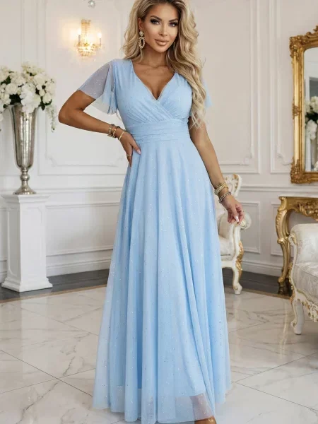 Rochie maxi Numoco Basic cu mâneci scurte cu decolteu rotund albastru