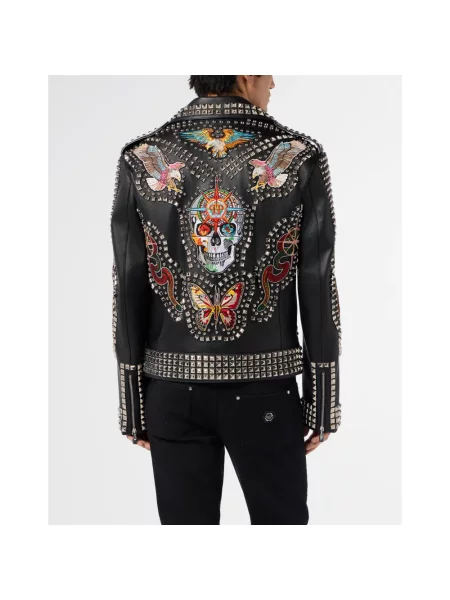 Kurtka skórzana Philipp Plein z naszywkami retro czarna