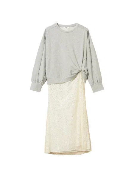 Lung rochie Twinset cu broderie din tul gri