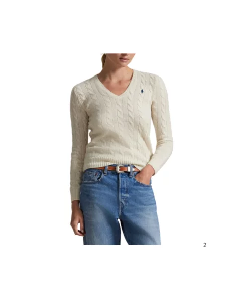 Sweter Polo Ralph Lauren z dekoltem w serek wełniany beżowy