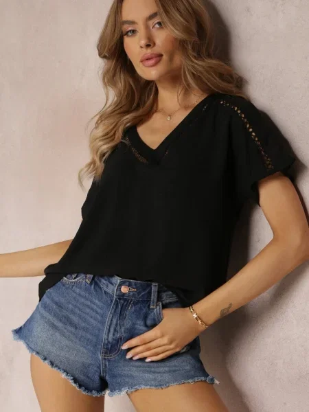 Bluză Extensibilă cu Mâneci Scurte și Benzi Ajurate Zaylor neagră