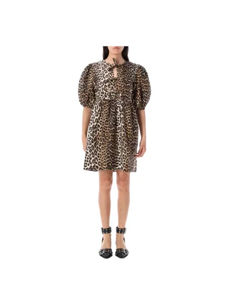Mała sukienka mini Ganni z nadrukiem mini brązowa