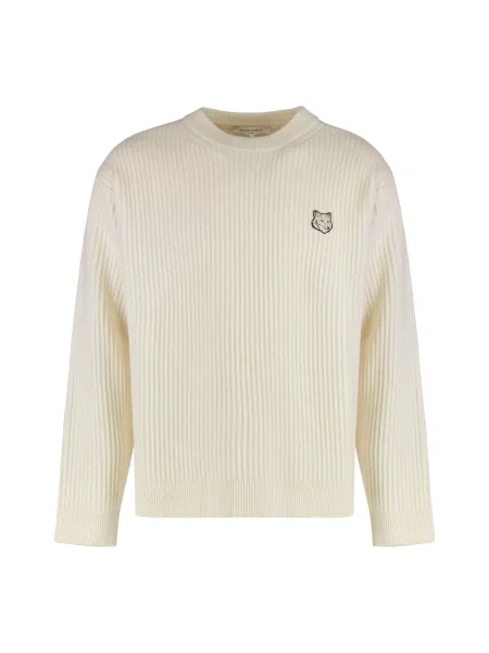 Maison Kitsuné sweter wełniany Fox Head Wool Ribbed ciepły beżowy