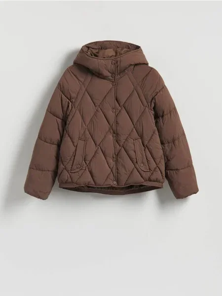 Reserved Pikowana kurtka z kapturem ciemnobrązowy