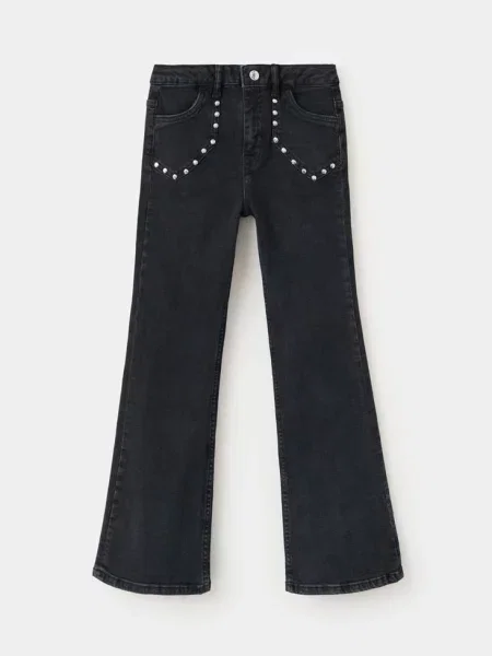 Dżinsy o kroju flare z dżetami black denim Dzieci 8 MANGO KIDS czarne
