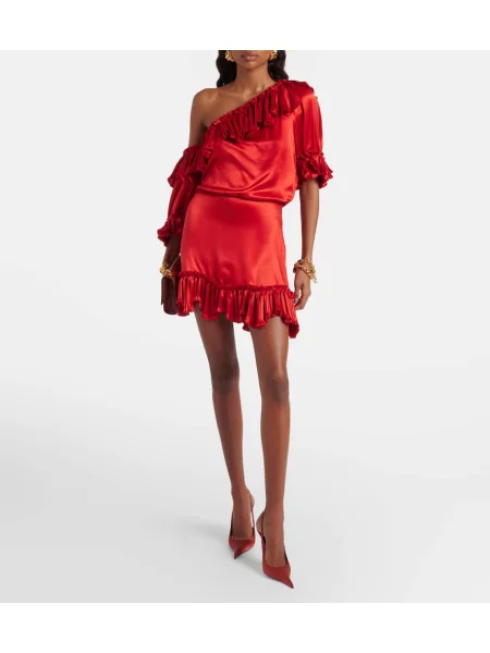Rochie Saint Laurent din satin cu volane roșu