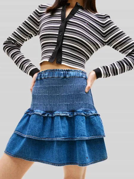Spódnica mini z denimu z czystej bawełny z falbanami Tommy Jeans niebieska