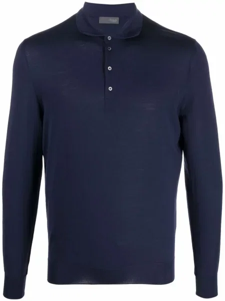 Lung tricou polo Drumohr din lână merinos albastru