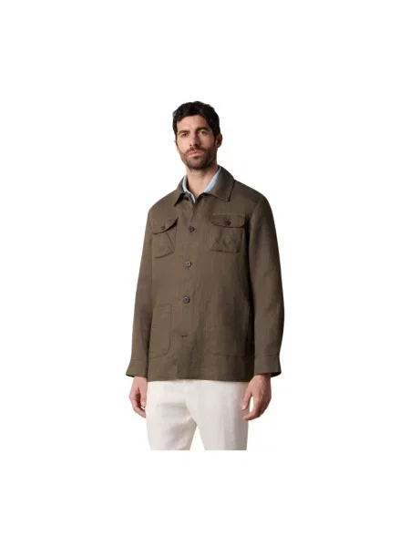 Lniana kurtka koszulowa Brooks Brothers brązowa