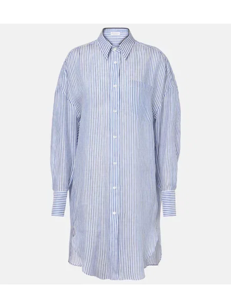 Cămașă Brunello Cucinelli de in cu dungi albastru