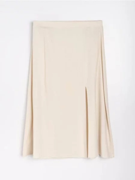 Спідниця міді з розрізом з віскозою та домішкою льону Plus size бежевий