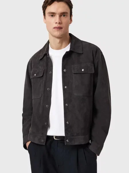 AllSaints jachetă bărbătească din piele întoarsă SHELTON negru