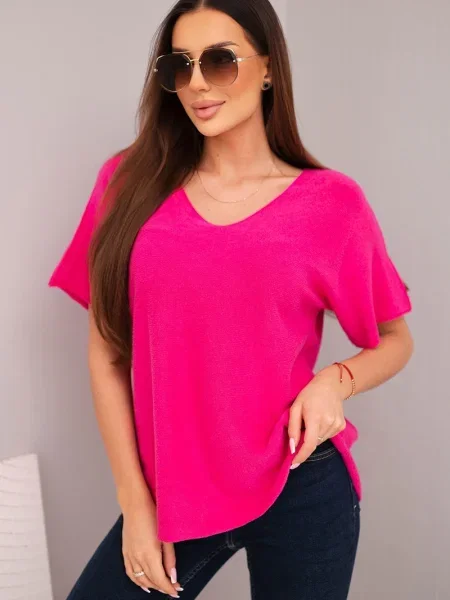 Pulover Kesi Włoski cu decolteu în V cu mâneci scurte scurt albastru