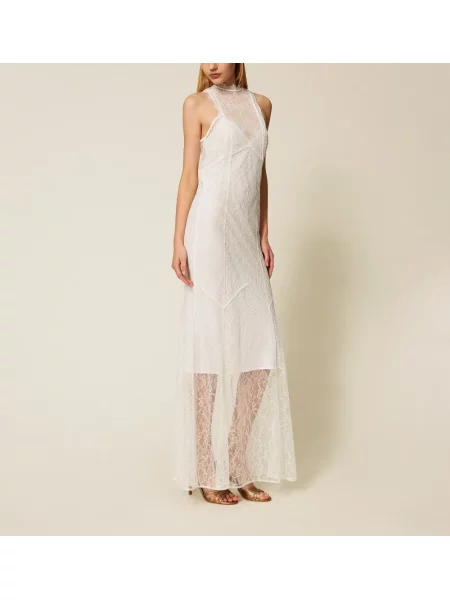 Rochie maxi Twinset din dantelă de costum alb