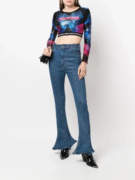 Raštuotas palaidinė be rankovių Versace Jeans Couture apkarpytas mėlyna