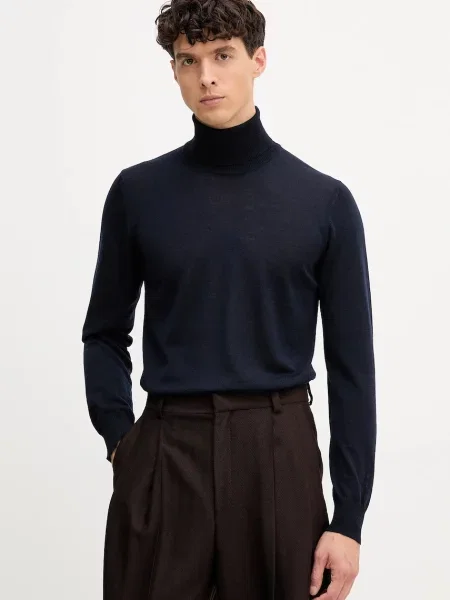 Emporio Armani sweter wełniany lekki z golferm granatowy