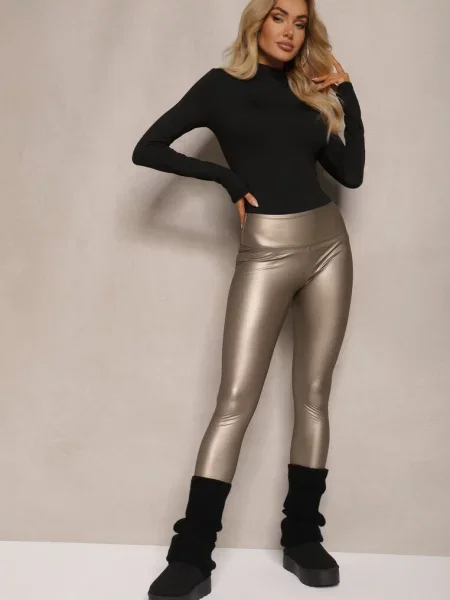 Srebrne Legginsy z Imitacji Skóry High Waist z Polarem Selabra