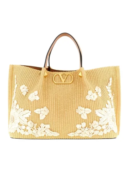 Torebka skórzana Valentino Garavani skórzana w kwiatki beżowa