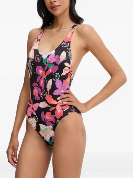 Slip de baie Nike cu gât halter cu imagine cu imprimeu geometric negru