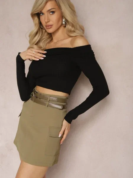 Fusta mini cu cu clape și 2 din piele ecologică Gvanna verde