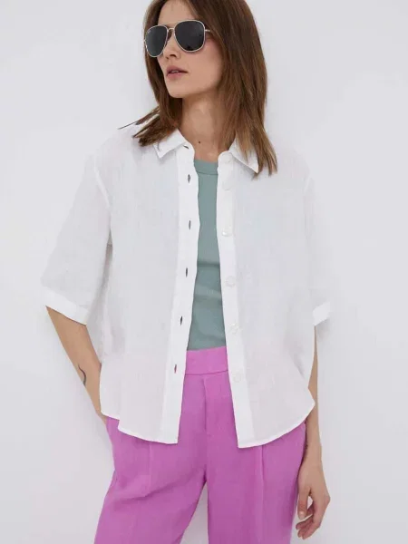 United Colors of Benetton cămașă de in cu guler clasic regular alb