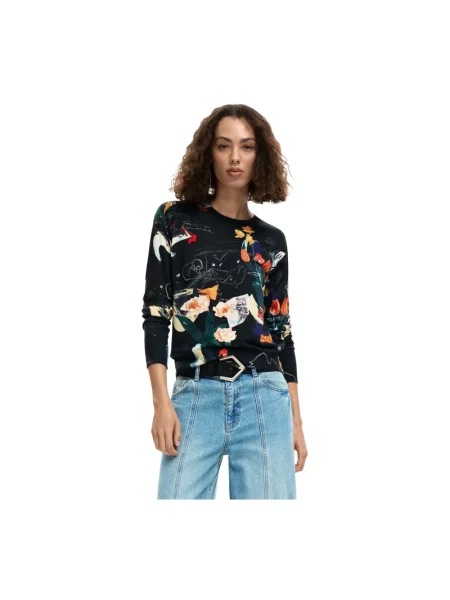 Lniany sweter Desigual z nadrukiem z długim rękawem czarny