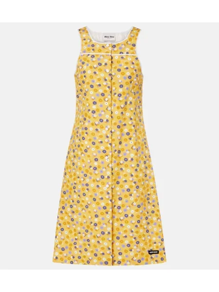 Sukienka midi Miu Miu w kwiatki do kolan popelinowa żółta