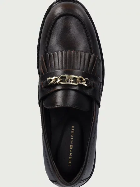 Tommy Hilfiger мокасини дамски от кожа TH CHAIN FRINGE LEATHER LOAFER кафяво