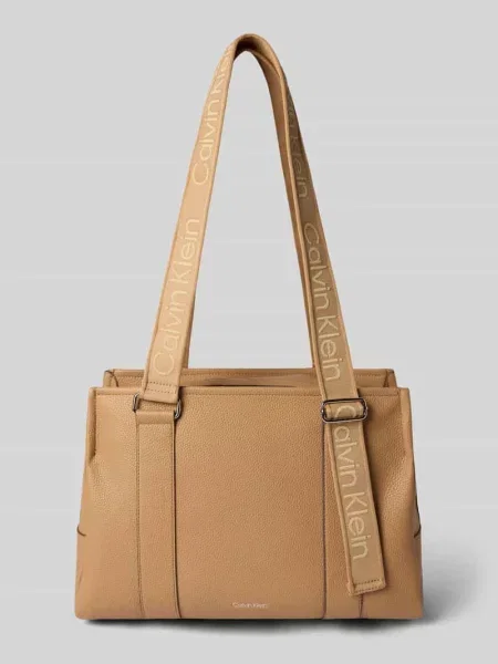 Shopperka Calvin Klein na ramiączkach skórzana beżowa