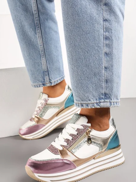 Wielokolorowe Sneakersy z Metalicznymi Wstawkami i Brokatem na Grubej Podeszwie Anova
