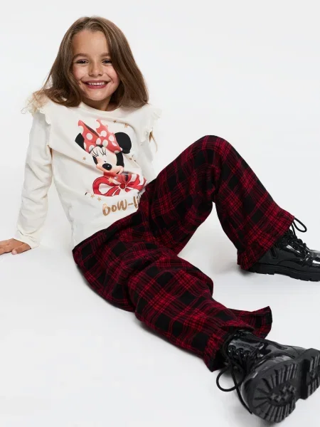 Sinsay Kostkované kalhoty s volánem a výšivkou Minnie Mouse červená