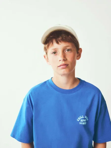 Koszulka oversize z nadrukiem Dzieci lata MANGO KIDS niebieski