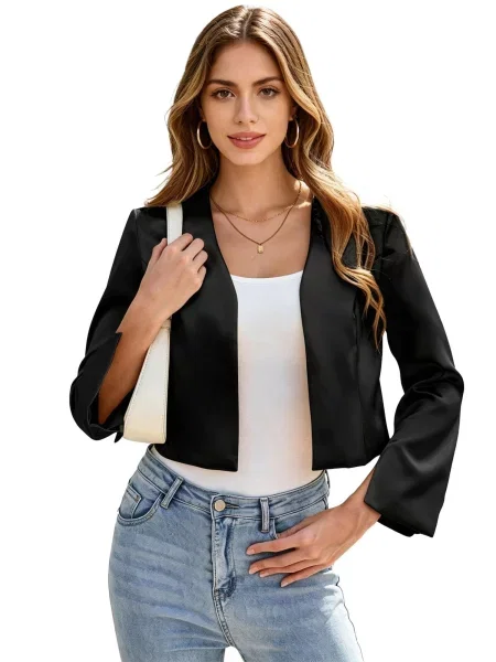 KoJooin Blejzr Satin-Cardigan für Damen lange ärmelvorne offen kurz geschnittenBolero-Schulterjacke fürs Büro' černá