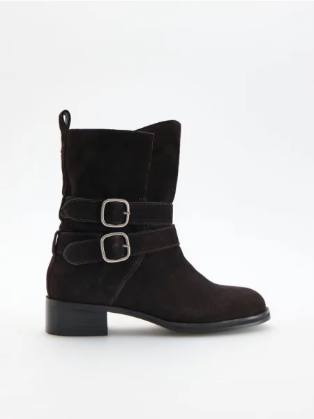 Reserved Botine din piele întoarsă maro-închis maro