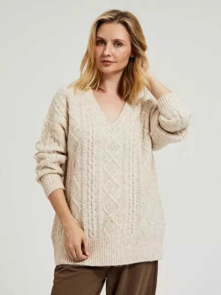 Pulover Moodo tricotate cu decolteu în V bej
