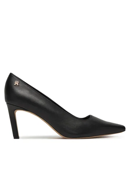 Кожени обувки с тънък Tommy Hilfiger TH LOGO LEATHER PUMP SLANTED HL черно