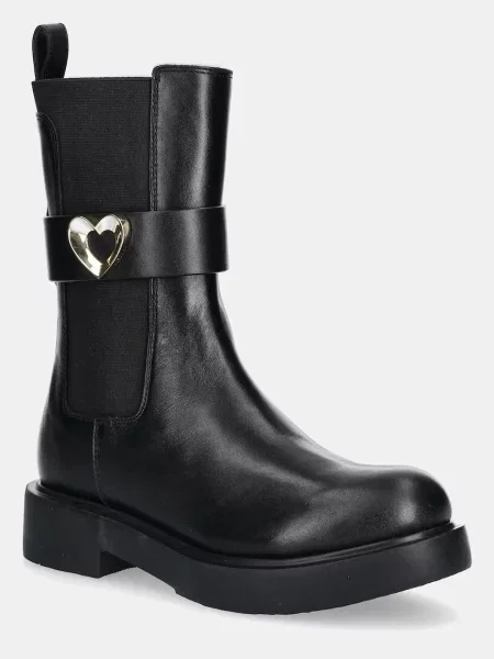 Кожени боти Love Moschino с равна подметка черно