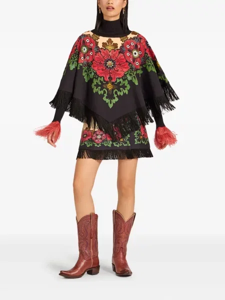 Poncho La Doublej cu franjuri cu model floral maro