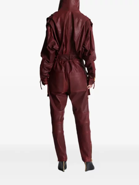 Sukienka mini Balmain skórzana z kapturem garniturowa czerwona