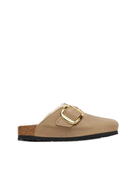 Klapki Birkenstock na sprzączkę z owczej skóry beżowe