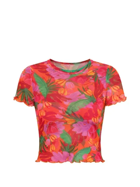 Top Banana Moon w kwiatki z nadrukiem pomarańczowy