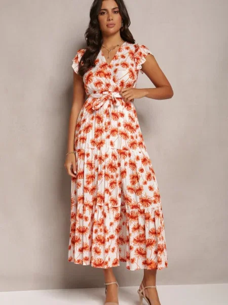 Rochie maxi evazată cu imprimeu floral și în talie Javiky portocalie