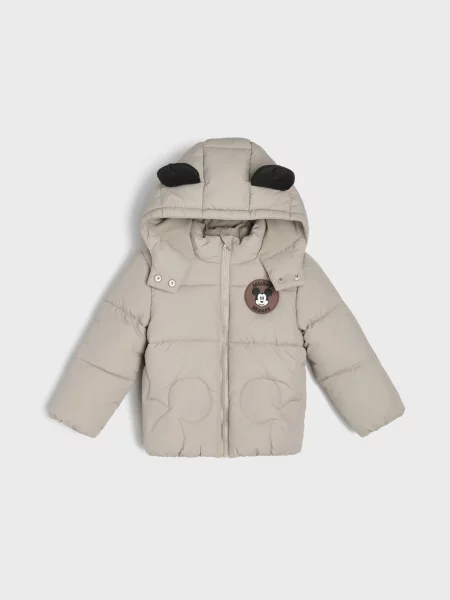 Sinsay Prošívaná puffer bunda s kapucí a 3D prvky Mickey Mouse béžová