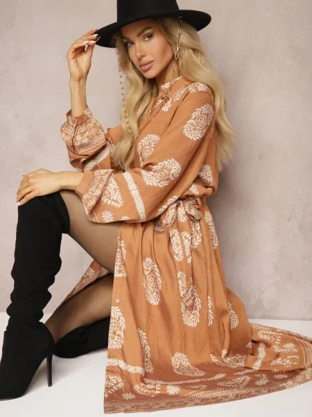 Jasnobrązowa Sukienka Koszulowa Wiązana w Pasie w Stylu Boho Rorisha brązowa