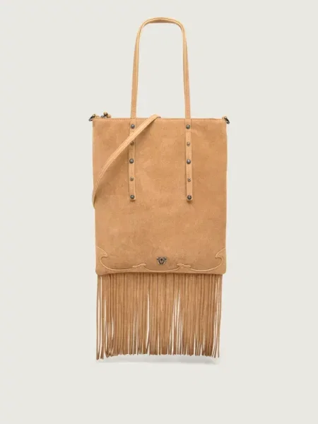 Pinko Geantă pe umăr MINI SHOPPER FRINGES | piele întoarsă bej