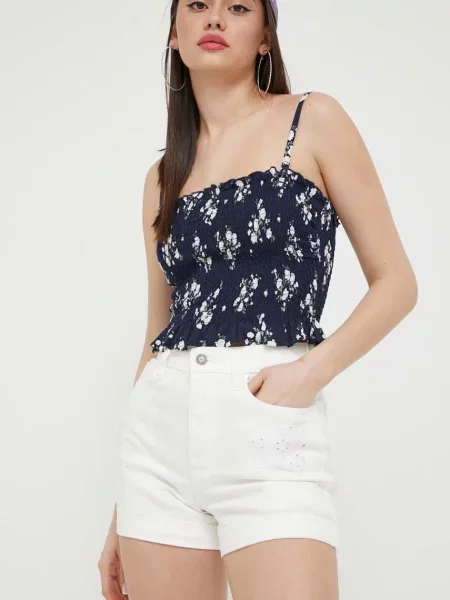 Дънков къс панталон Hollister Co. с изчистен дизайн с висока талия бежово