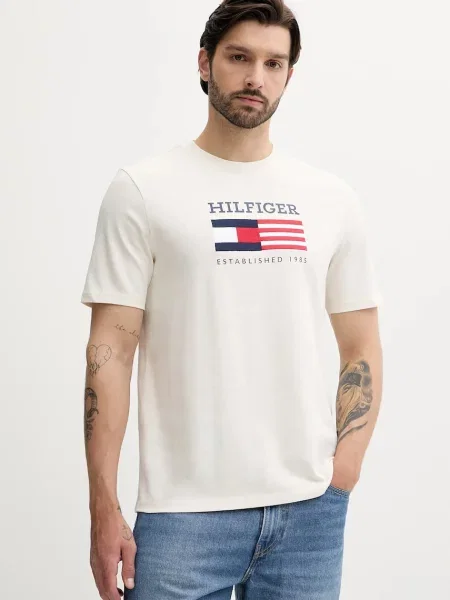 Tommy Hilfiger t-shirt beżowy z nadrukiem biała