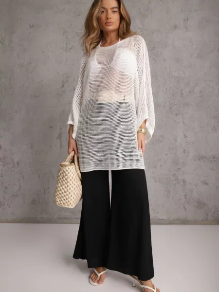 Spodnie High Waist Wide Leg z Wiskozą z Plecionym Paskiem Aridine czarne