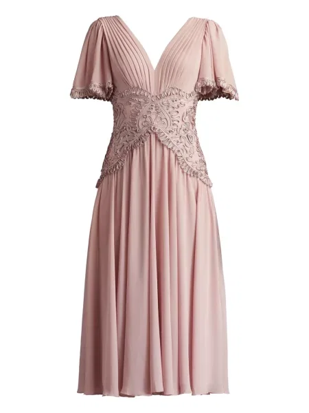 Sukienka midi Tadashi Shoji plisowana koronkowa do kolan różowa